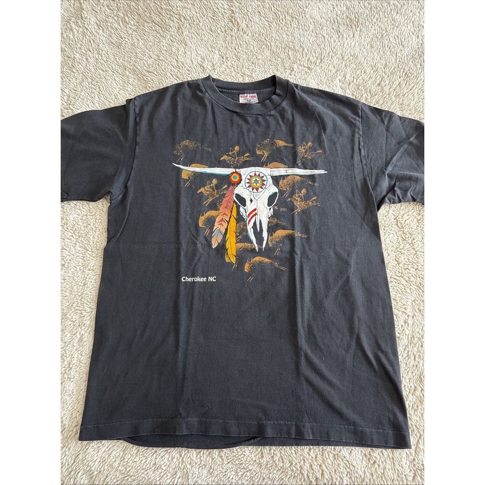 Vtg Softee Native‎ American Indian Feather Skull TShirt Sz XL Cherokee NC Single